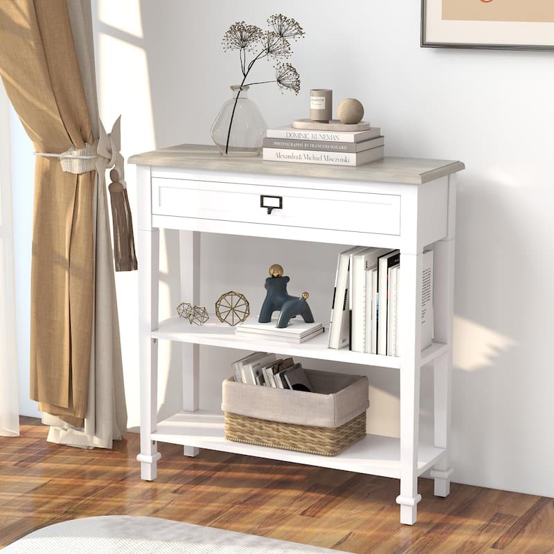 Accent White Console Table with Drawer and Shelf, Wood Sofa Table with Storage for Entryway Hallway Living Room