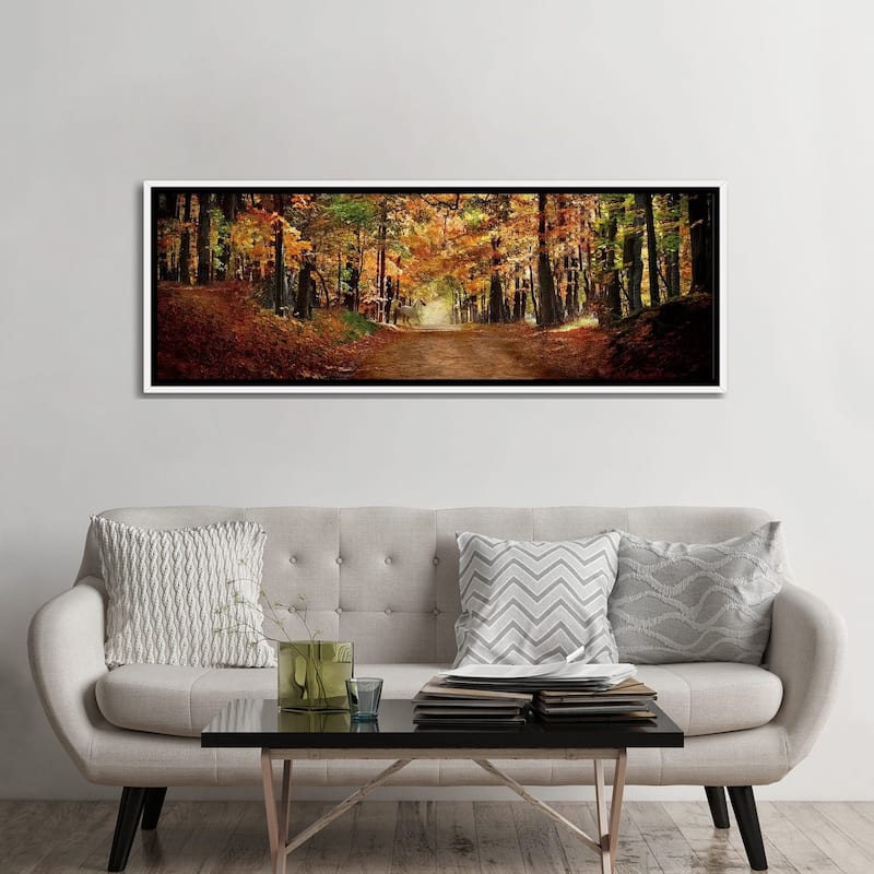 iCanvas "Horse running across road in fall colors" by Panoramic Images Framed Canvas Print