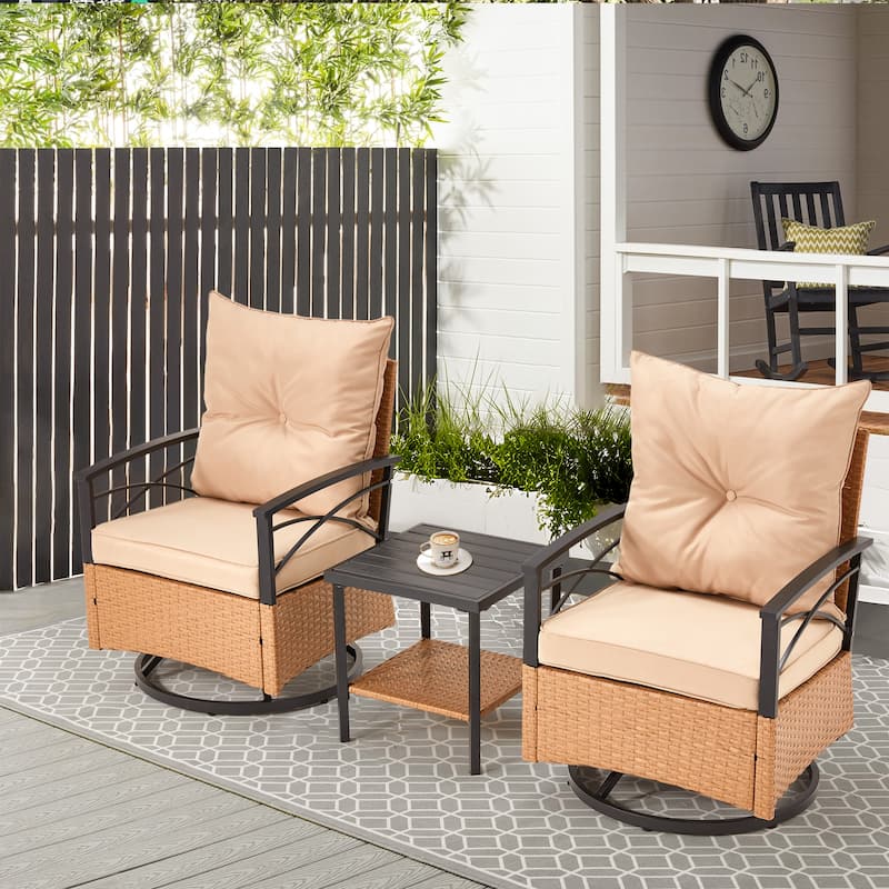 3-Piece Outdoor Rocking/Swivel Chair Set - PE Rattan Patio Furniture with Cushions & Coffee Table, Rocker Chairs for Backyard - Swivel Chair - Beige