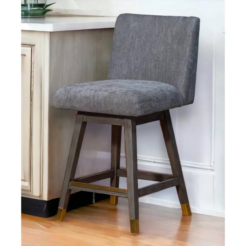 HomeRoots 26" Gray and Brown Solid Wood Counter Height Swivel Bar Chair