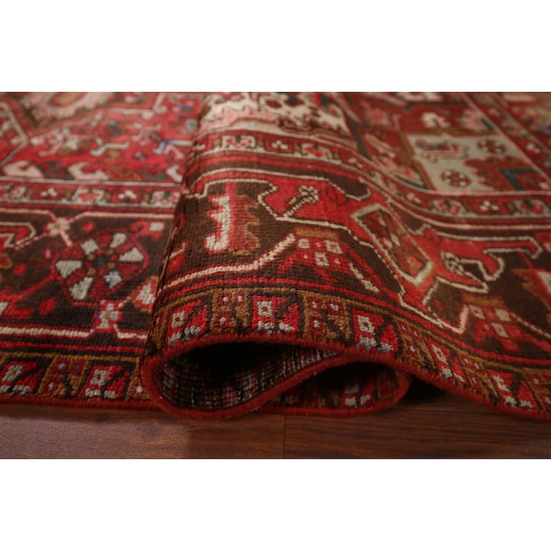 Geometric Heriz Persian Vintage Area Rug Hand-Knotted Red Wool Carpet - 7'5"x 10'9"