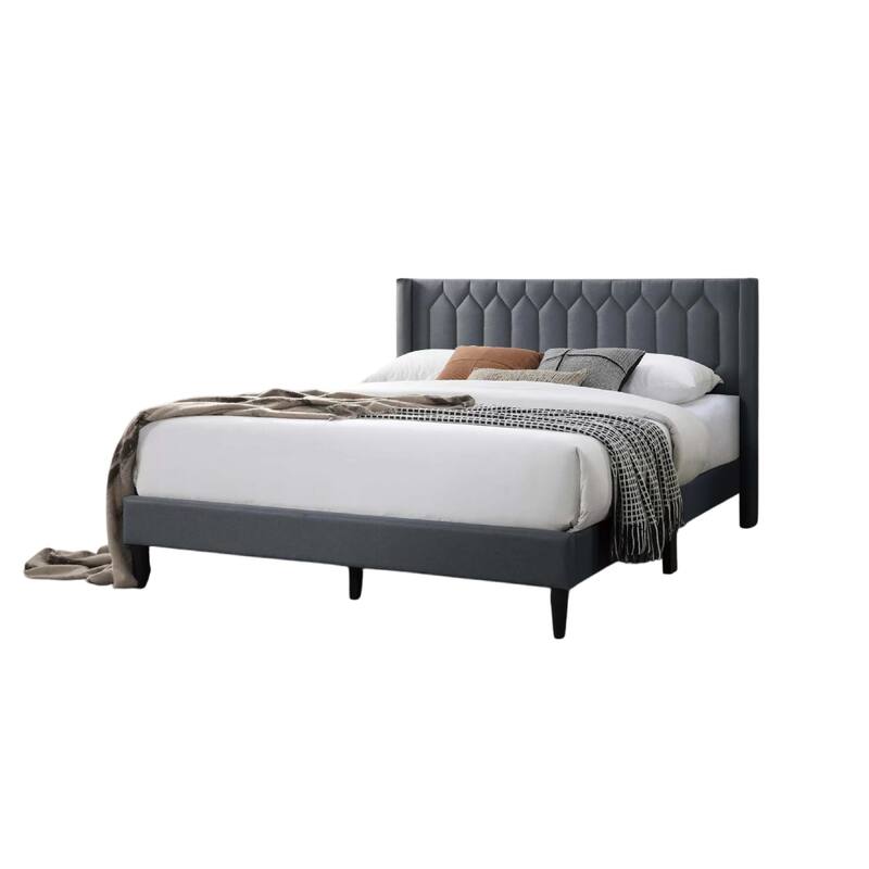 Liana Full Bed, Tufted Charcoal Gray Burlap Upholstery, Foam Padding