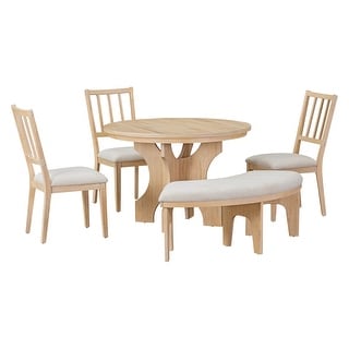5-Piece Round Dining Table Set with Curved Bench & 3 Side Chairs - Bed ...