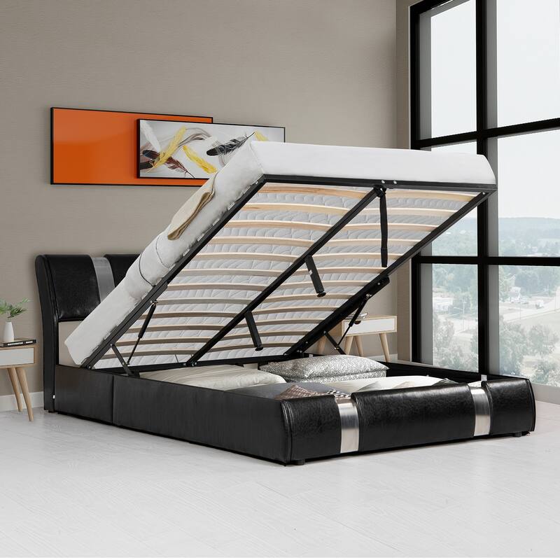Queen Size Upholstered Faux Leather Platform bed with a Hydraulic