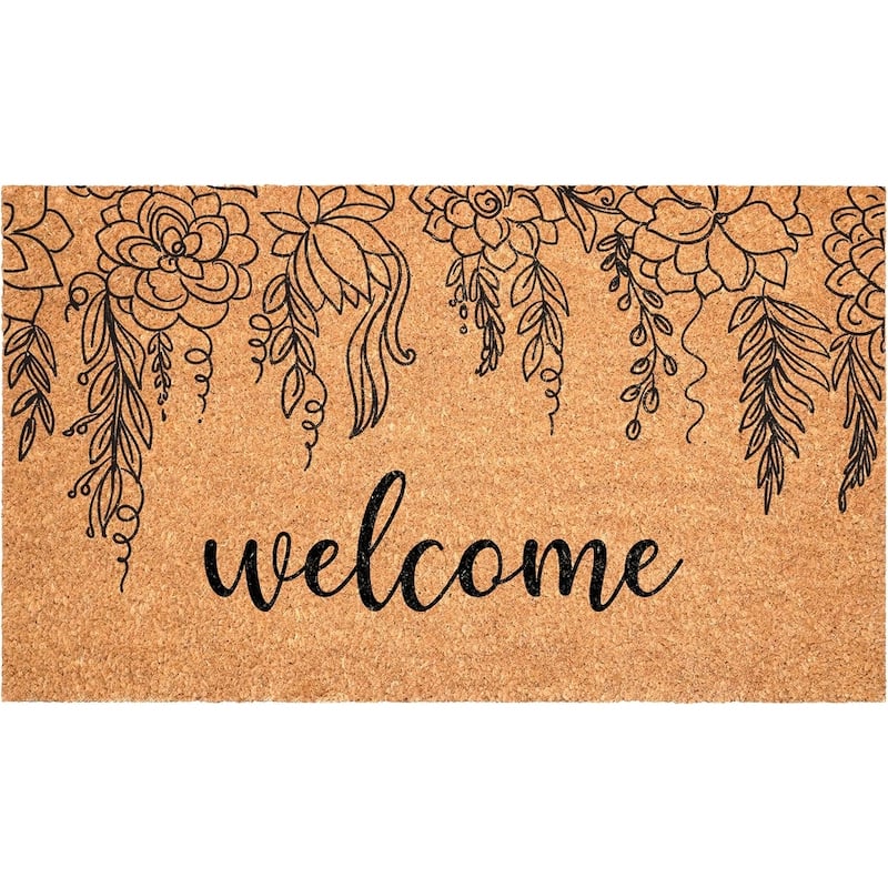 HomeRoots 17" X 29" Brown And Natural Floral Welcome Outdoor Coir Door Mat - 17.00' X '29.00