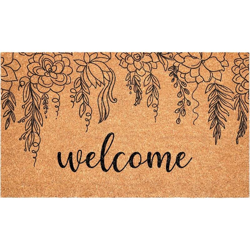 HomeRoots 24" X 36" Brown And Natural Floral Welcome Outdoor Coir Door Mat - 24.00' X '36.00