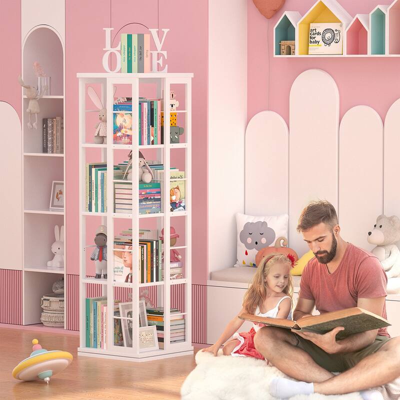 Corner Rotating Bookshelf, 360 Display Wood Spinning Bookshelf, Floor Standing Bookcase Organizer Storage Rack