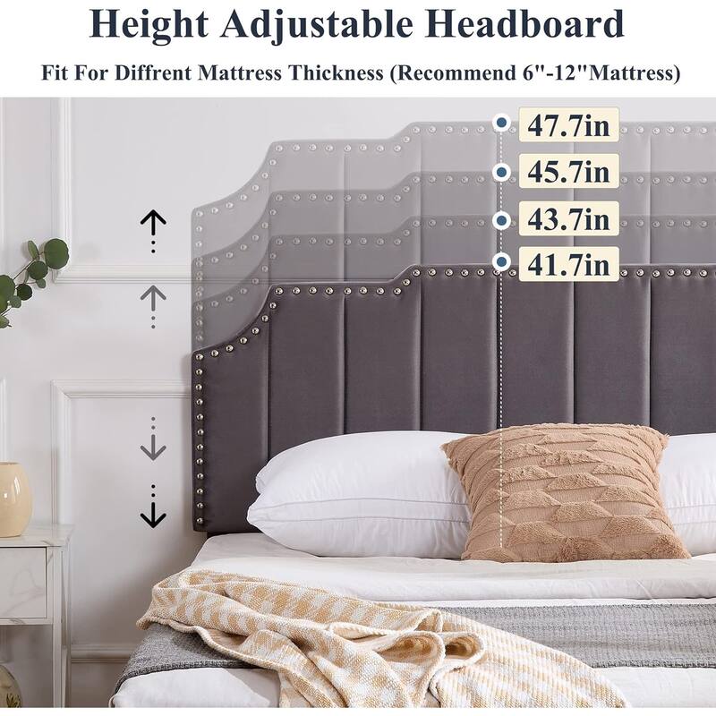 VECELO Upholstered Bed Frame with Nailhead Trim Adjustable Height Headboard, Twin/Full/Queen Size Bedframes