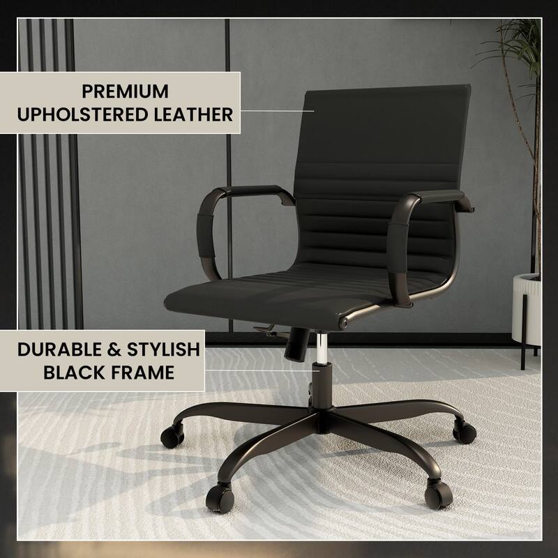 Harris Leather Mid-Back Adjustable Seat Height Office Desk Computer Swivel Chair in Black Metal Frame for Home Conference