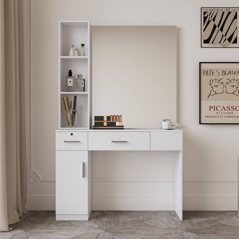 Salon Station Barber Stations Styling Station Barber Beauty Spa Dresser Salon Equipment Set with Mirror - White