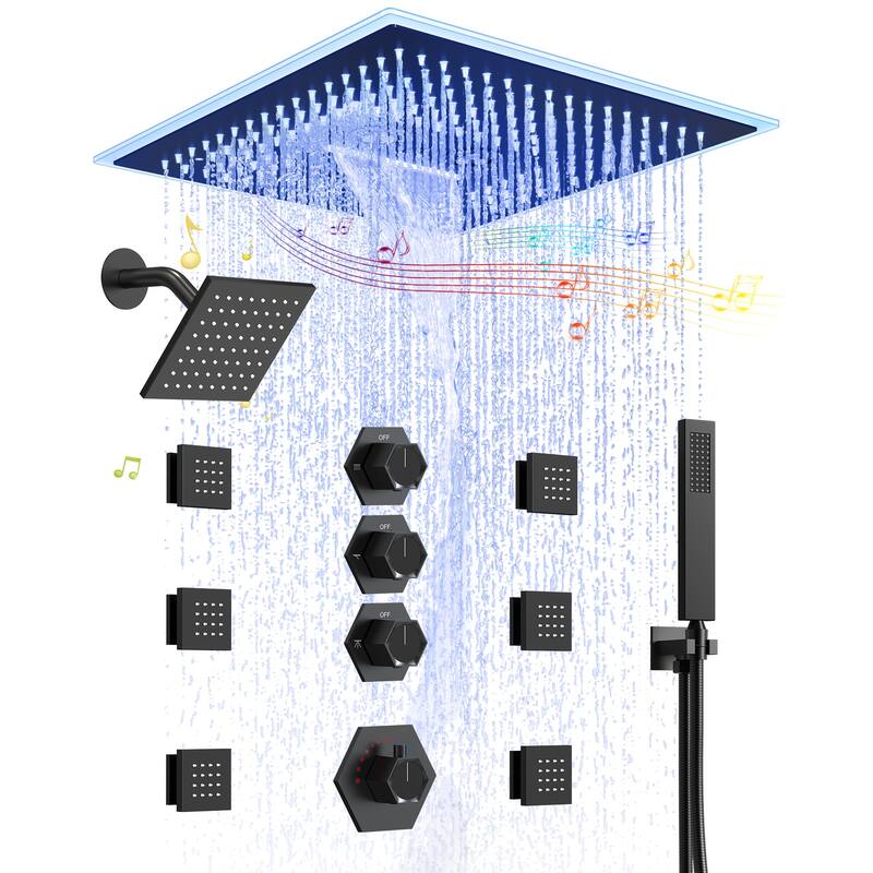 Shower Faucet System 16" Ceiling Mount Shower Head 3 Spray Modes Body Jets Handheld Spray with Slide Bar LED Music