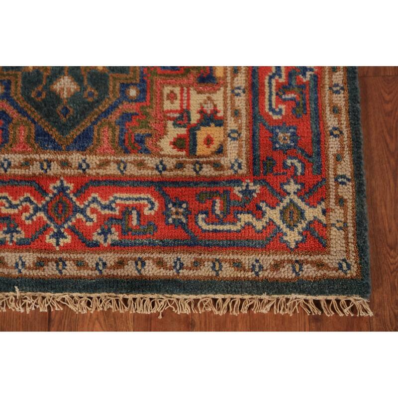 Teal Geometric Heriz Serapi Indian Foyer Rug Handmade Wool Carpet - 2'11"x 5'2"