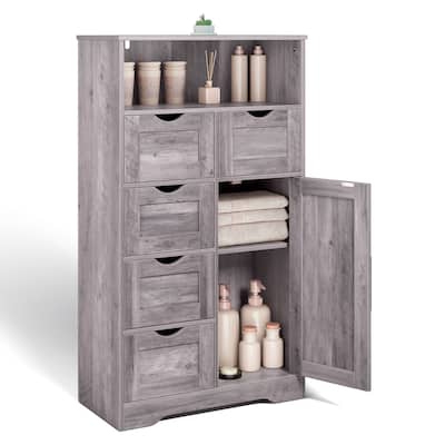 Modern 5-Drawer Wooden Bathroom Cabinet, Freestanding Cupboard with 1 Door and Adjustable Shelf