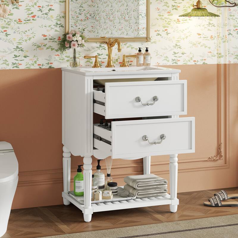 24" Bathroom Vanity with Ceramic Sink, Drawers and an Open Shelf