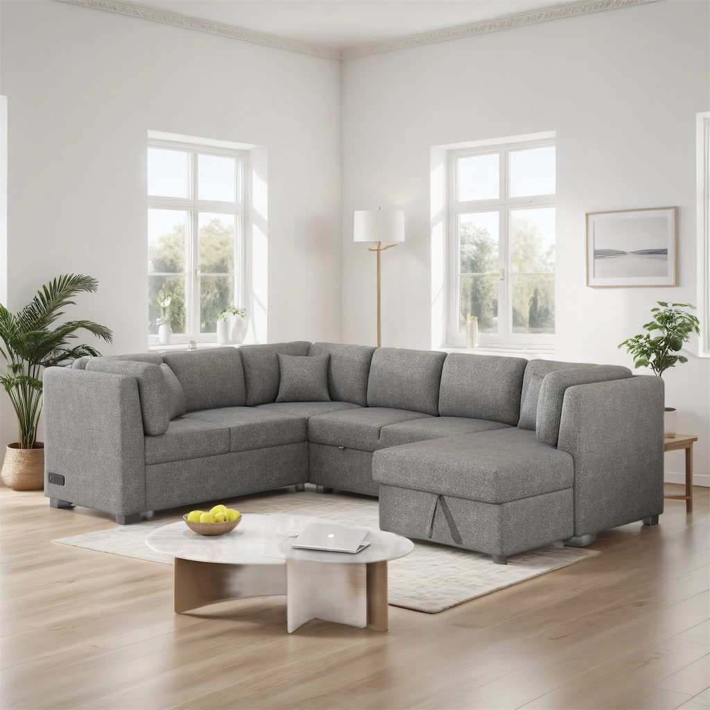 108.6" U-shaped Sectional Sofa with 3 Back Pillows & a Storage Chaise