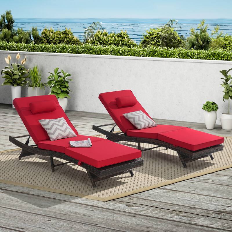 2 Pcs Outdoor Wicker Lounge Recliner Chair Set of 2, Rust-Resistant Patio Sunbathing Chairs with 5 Adjustable Positions