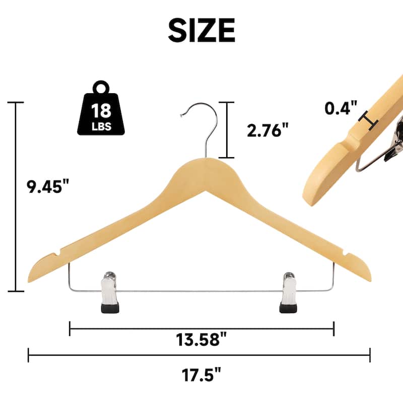 BP4U Solid Wood Hangers with Adjustable Metal Clips, Wooden Hangers for Coats, Jackets, Pants, Dresses, Skirts, and Suits