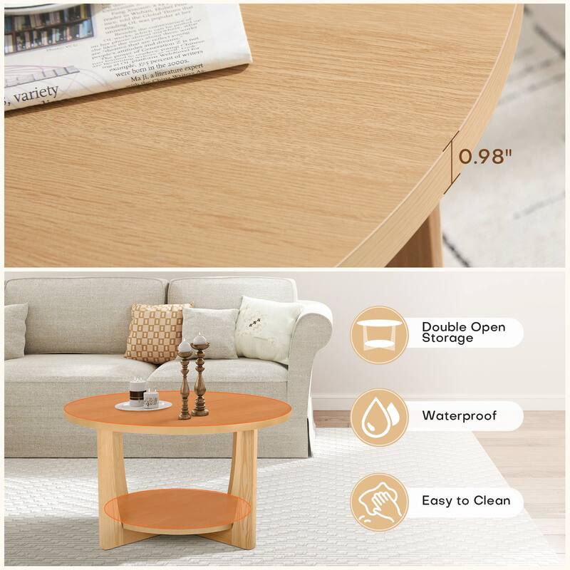 31.5" Round Coffee Table with Solid Wood Legs and 2-Tier Storage - 31.5"Dia x 17.72"H