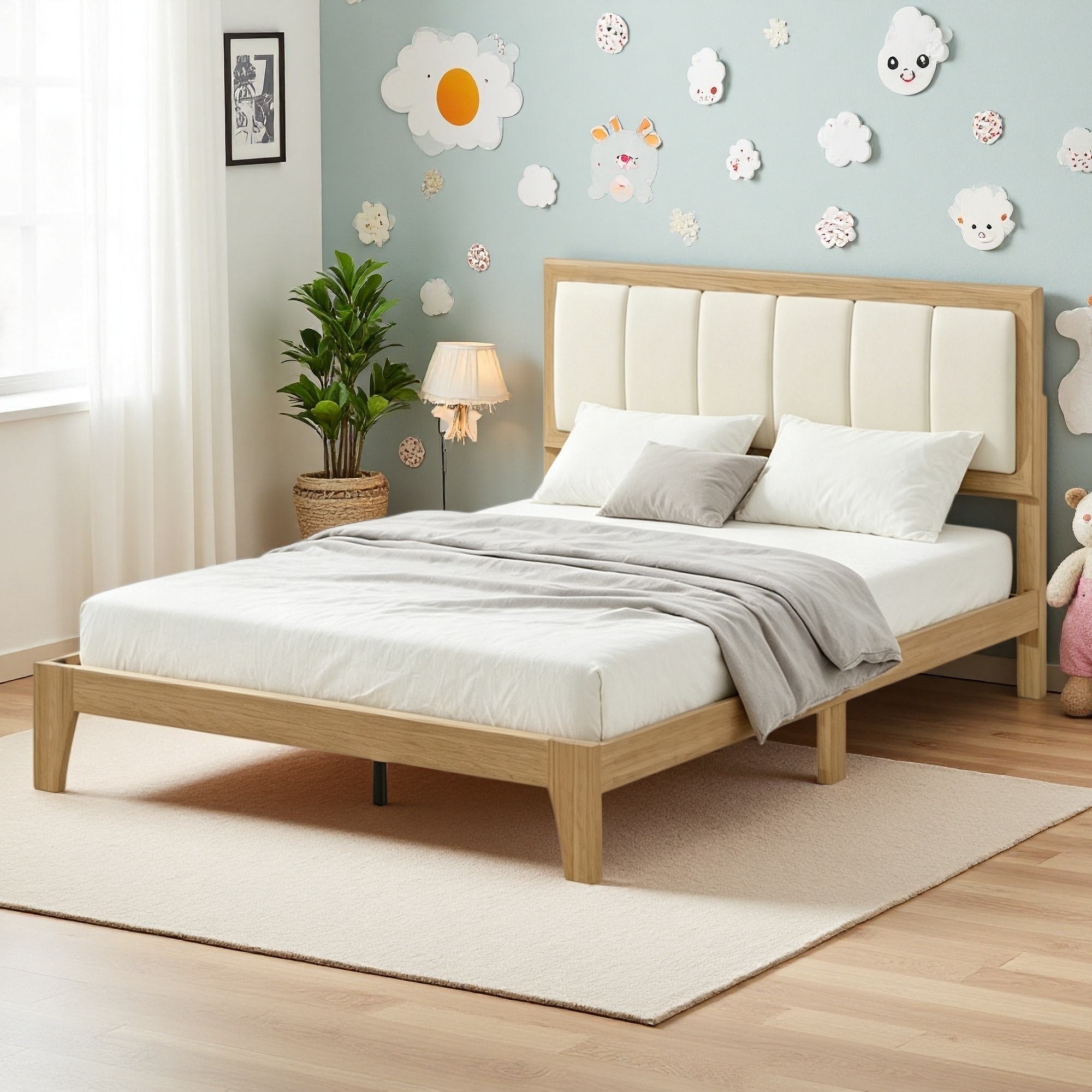 Queen Size Wooden Platform Bed Frame with Upholstered Headboard and Low-Profile Design