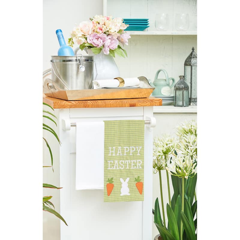 27" x 18" "Happy Easter" Sentiment Easter Bunny with Carrots on Green Check Backgound Cotton Kitchen Dish Towel