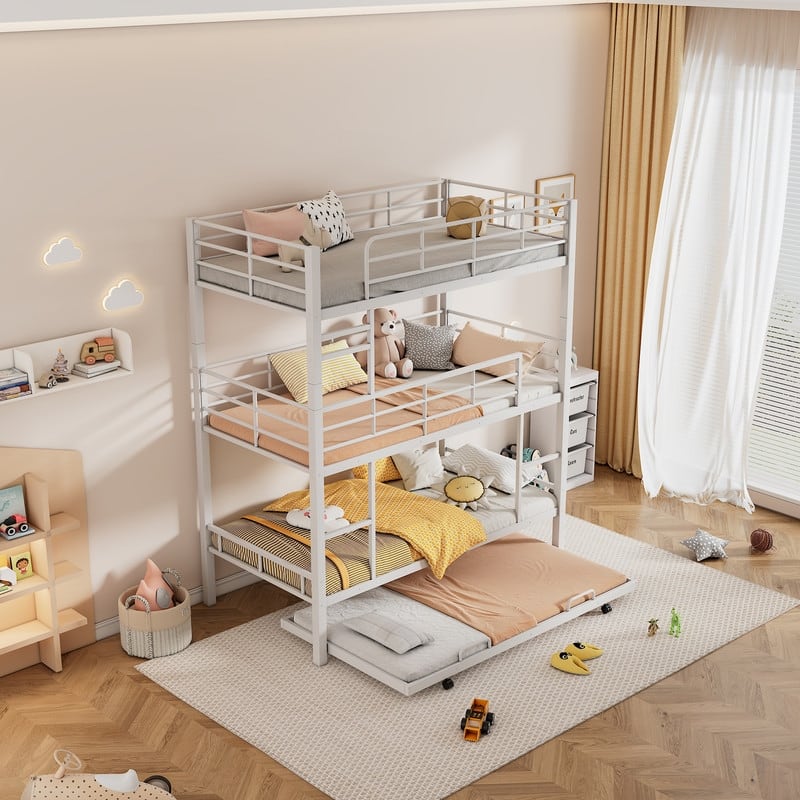Twin over Twin over Twin Size Metal Triple Bunk Bed With Trundle - Antique White