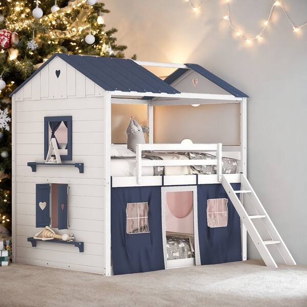 slide 2 of 12, Playhouse Design Full Size Bunk Wood House Bed with Elegant Windows, Sills and Tent Blue