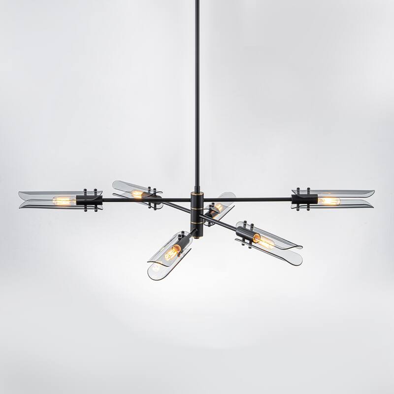 6-Light Modern Branch Chandelier 2-in-1 Curved Smoke Glass Panels - Dia.47.24-in