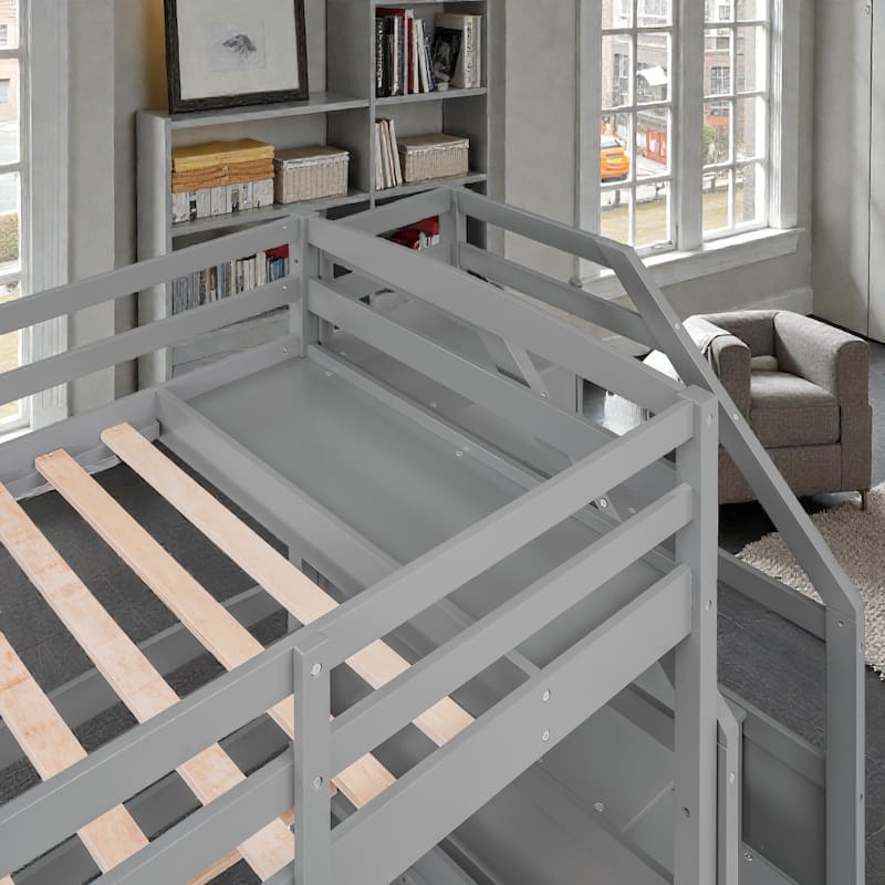 Triple Bunk Bed Twin over Twin&Twin with Drawers, Storage Staircase and Built-in Shelves, Solid Wood Frame