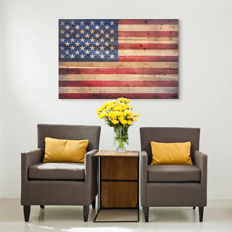 American Flag Print on Solid Fir Wood Plank Wall Art