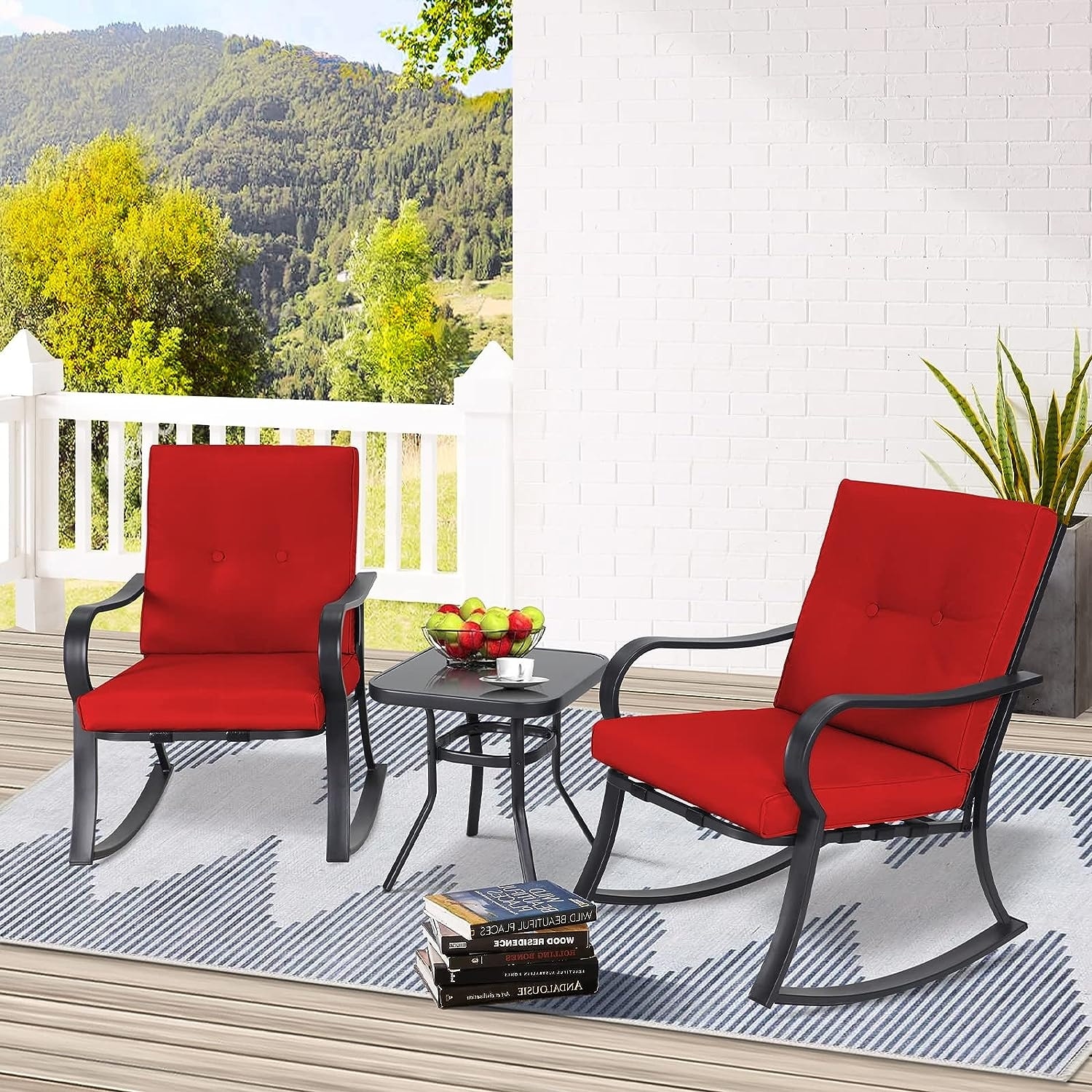 Patio 3 Piece Outdoor Rocking Chair Black Steel Bistro Sets On