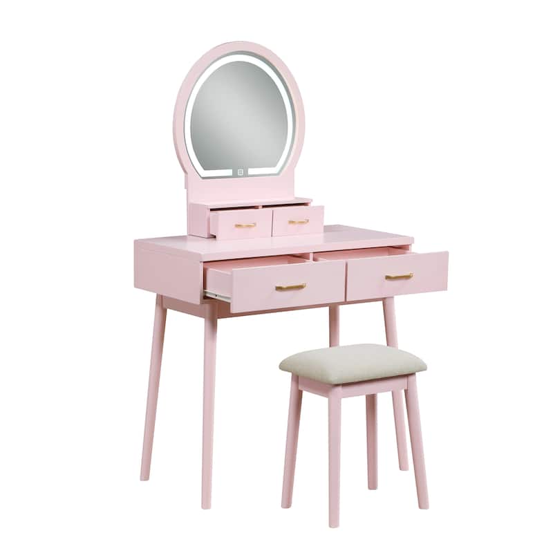 Beautiful Pink Finish Vanity Dresser with Mirror and Stool