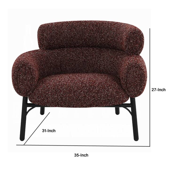 Meru Sofa Chair, Curved Back Maroon Red Tweed Fabric, Black Metal Legs