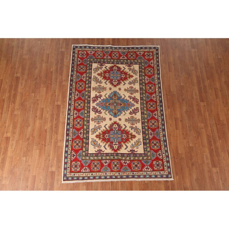 Beige Traditional Kazak Area Rug Hand-Knotted Wool Carpet - 4'10" x 7'3"