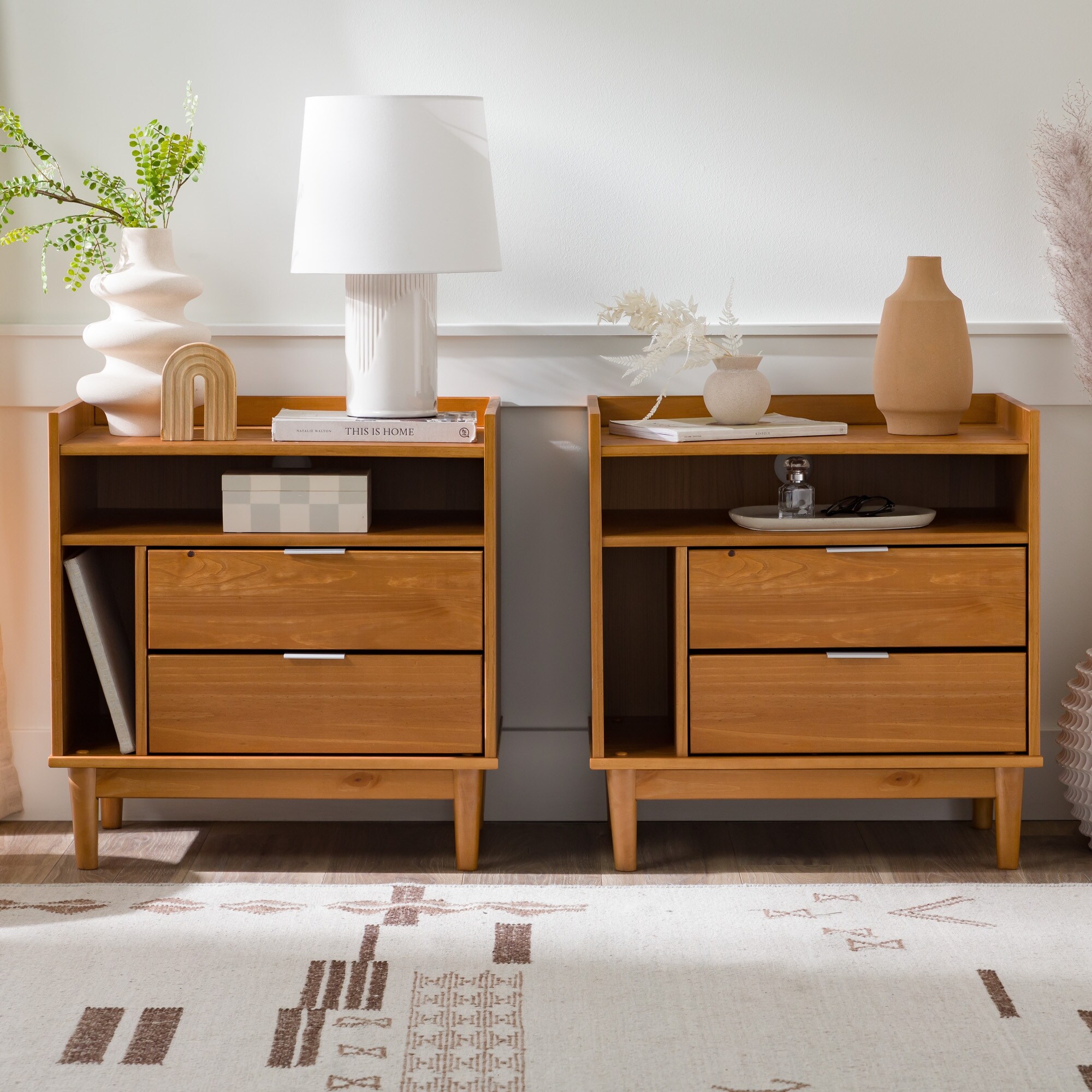 Walker Edison Modern Gallery-Top Solid Wood Nightstand (Set of 2