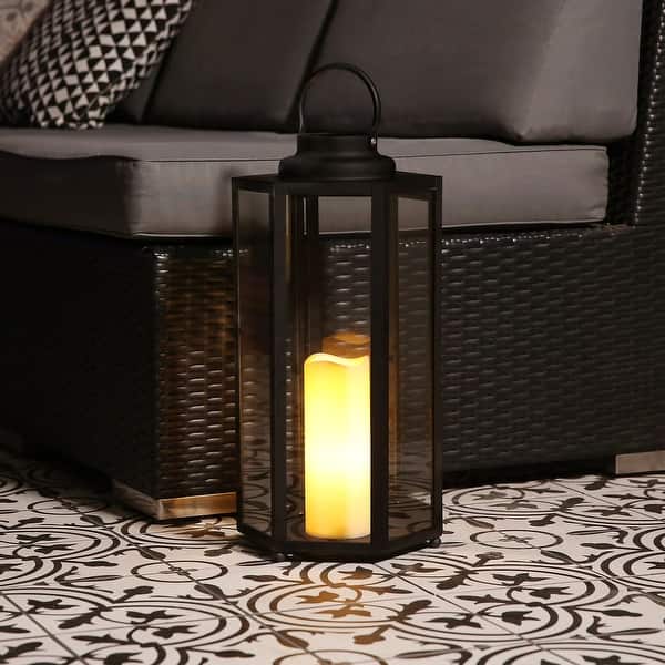 slide 2 of 11, Alpine Corporation 18" Tall Outdoor Hexagonal Battery-Operated Metal Lantern with LED Lights, Black