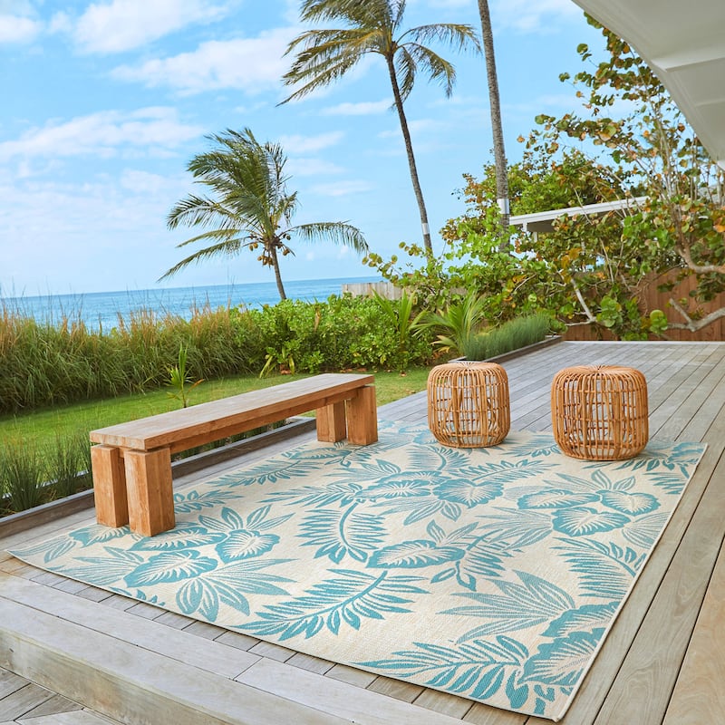 Reyn Spooner Kona Coast Kamea Teal Blue Tropical Leaf Flatweave Indoor/ Outdoor Area Rug