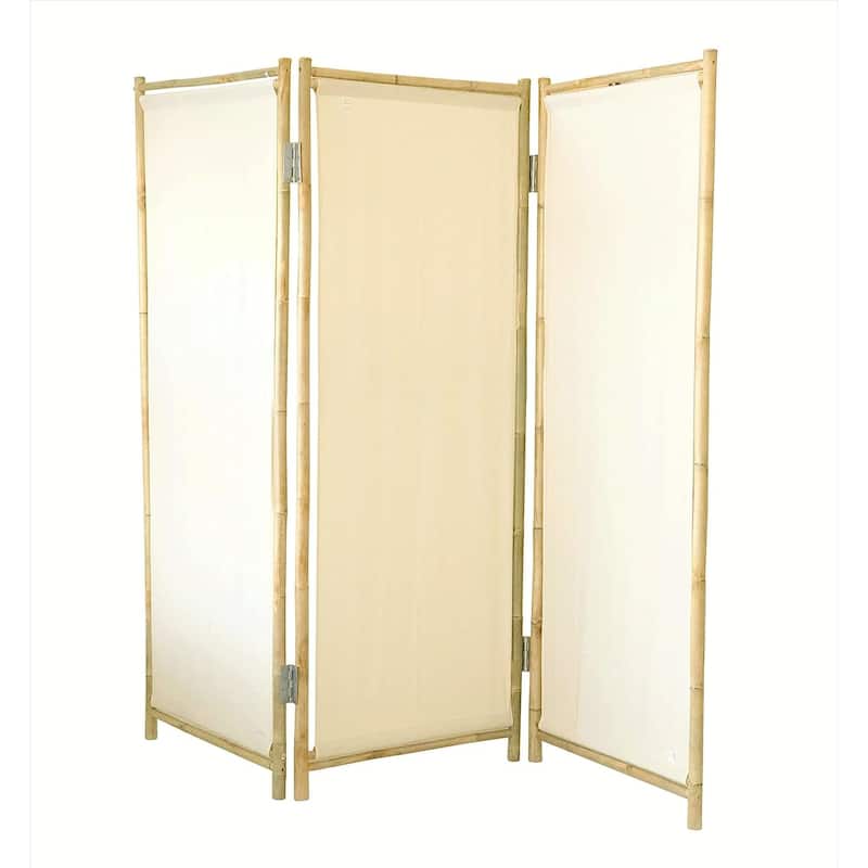 Handcrafted Folding Natural Bamboo 3 Panels Room Screen Divider White Canvas (SC-001) - White