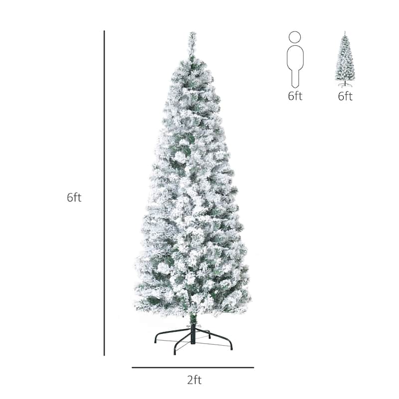 HOMCOM 6FT/7FT/9FT Slim Flocked Christmas Tree with Lights, Skinny Christmas Tree with Stand