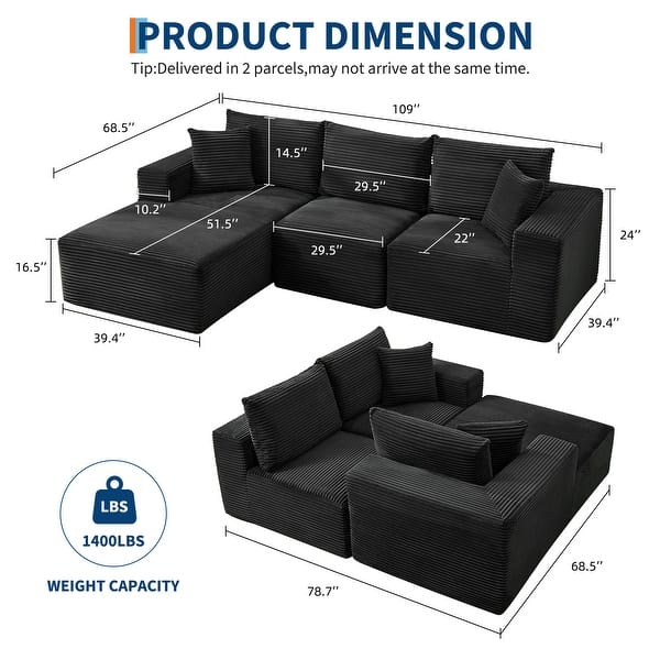 dimension image slide 1 of 8, 109'' Corduroy Modular Sectional Sofa with Chaise