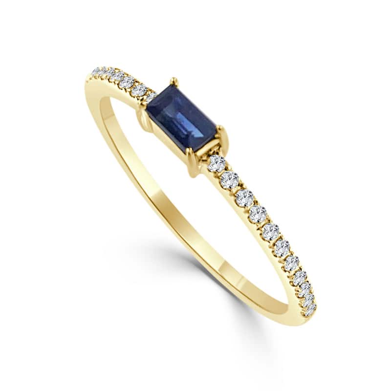 Joelle Collection Sapphire and Diamond Cut Band Ring - 14K Gold Baguette Shaped Sapphire - Yellow