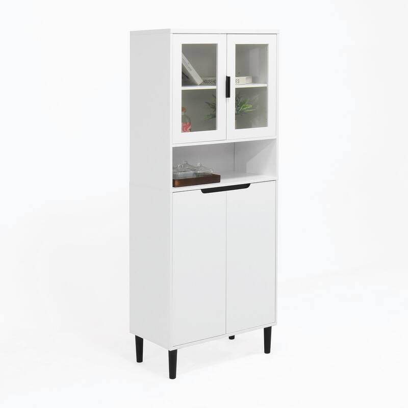 Tall Kitchen Pantry Cabinet with 2 Glass Display Doors & 2 Solid Doors - White