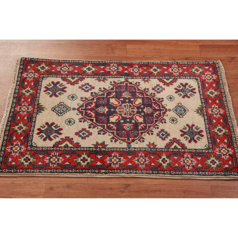 Traditional Kazak Rug Oriental Hand-Knotted Wool Carpet - 2'0"x 3'0" - 2'0"x 3'0" - Ivory/Beige