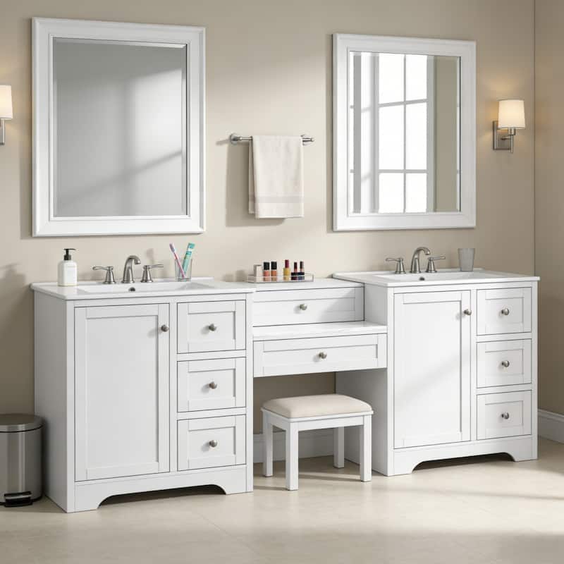 Christopher Knight Home - Wooden 84 Inches Double Sink Bathroom Vanity (Separate Sink) with Engineered Stone Countertop - White