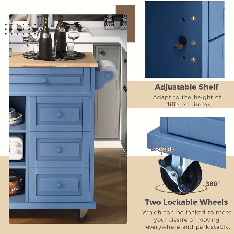 53-Inch Width kitchen Island cart with storage and 5 draws