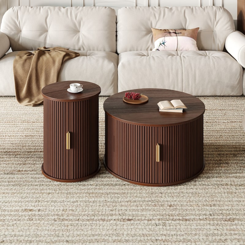 Coffee Table Set with Sliding Tambour Door, Round Fluted End Table With Storage, Golden Handle Tall & Low Side Table