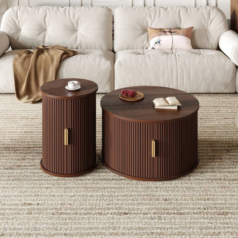 Roomfitters Mid-Century Coffee Table Set with Sliding Tambour Door, Round Fluted End Table with Storage