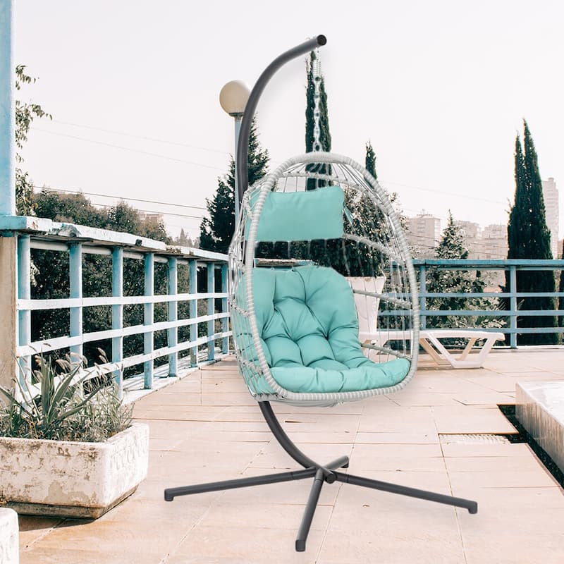 Egg Chair with Stand,Patio Rattan Wicker Hanging Swing,Indoor Outdoor - Egg Chair with Stand - BlueCushion
