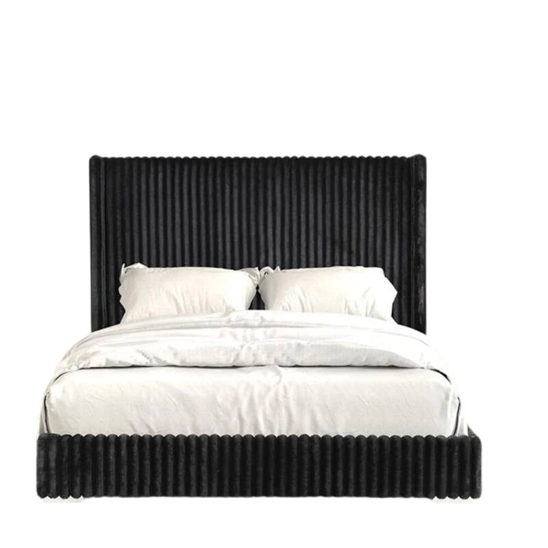 Wolo Twin Bed, Black Fur Chenille Ribbed Upholstery, Wing Headboard