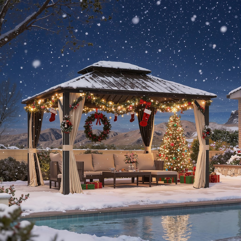 PURPLE LEAF Gazebo Outdoor Gazebo with Dual-Layer Galvanized Steel Double Roof Aluminum Gazebo with Netting and Curtains Bronze