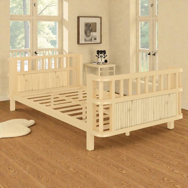 Kids Metal and Wood Platform Bed with Safety Rails, Low Profile Twin Full Children Bed for Boys and Girls